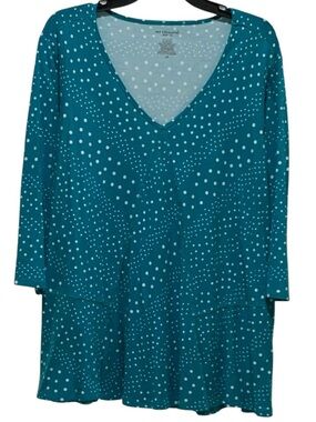 Westbound Teal V‑Neck Dot Polka Print Tunic 3/4 Sleeves Flowy Flattering 2XL